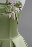 Green Satin A Line Party Dress With Flowers, Green Long Prom Dress PFP2652