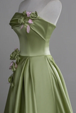 Green Satin A Line Party Dress With Flowers, Green Long Prom Dress PFP2652