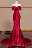 Wine Red Satin Off Shoulder Evening Dress, Wine Red Long Party Dress PFP2655