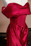 Wine Red Satin Off Shoulder Evening Dress, Wine Red Long Party Dress PFP2655