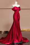 Wine Red Satin Off Shoulder Evening Dress, Wine Red Long Party Dress PFP2655