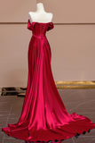 Wine Red Satin Off Shoulder Evening Dress, Wine Red Long Party Dress PFP2655