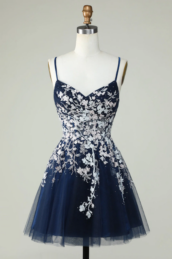 A Line Navy Corset Homecoming Dress With Appliques PFH0512