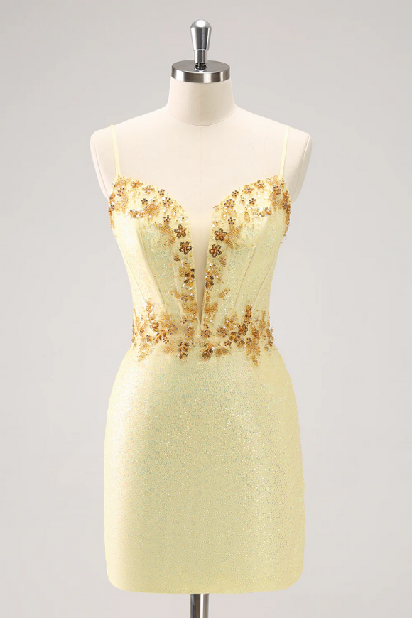 Sparkly Yellow Spaghetti Straps Sequins Tight Homecoming Dress PFH0513