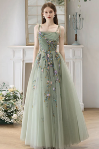 A Line Tulle Beads Green Long Prom Dress, Green Long Formal Dress PFP2657