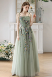 A Line Tulle Beads Green Long Prom Dress, Green Long Formal Dress PFP2657