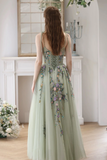 A Line Tulle Beads Green Long Prom Dress, Green Long Formal Dress PFP2657