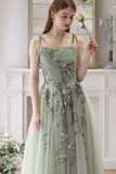 A Line Tulle Beads Green Long Prom Dress, Green Long Formal Dress PFP2657