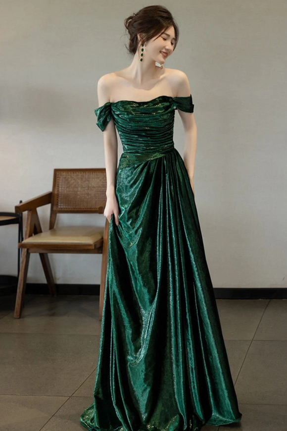 A Line Green Off Shoulder Simple Evening Dress, Green Long Prom Dress PFP2658