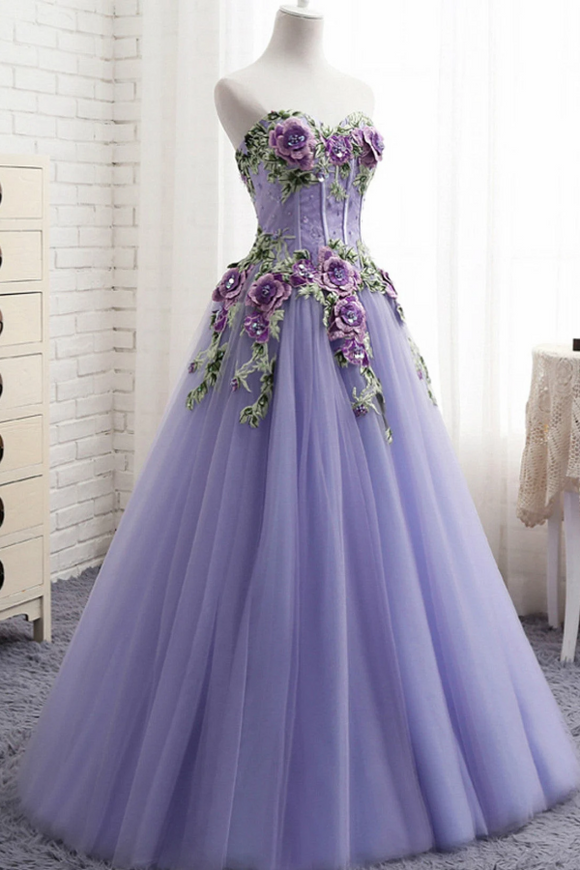 Lavender Tulle with Flower and Lace Sweet 16 Dress, Lavender Long Party Dress PFP2659