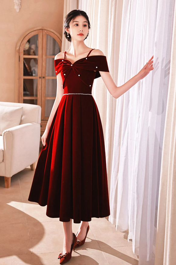 Wine Red Off Shoulder Straps Tea Length Formal Dress, New Homecoming Dress PFH0514