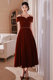 Wine Red Off Shoulder Straps Tea Length Formal Dress, New Homecoming Dress PFH0514