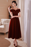 Wine Red Off Shoulder Straps Tea Length Formal Dress, New Homecoming Dress PFH0514