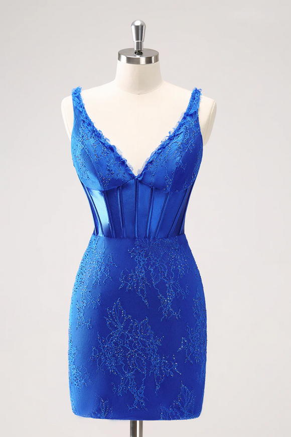 Royal Blue Corset V Neck Beaded Tight Short Homecoming Dress PFH0515