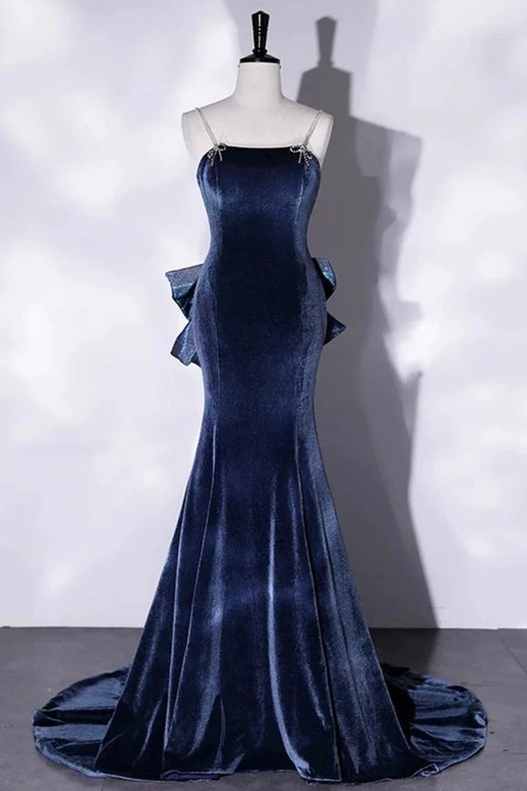 Blue Velvet Spaghetti Strap Long Prom Dress, Mermaid Bow Evening Party Dress PFP2660