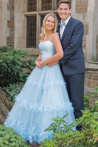 A Line Light Blue Spaghetti Straps Floral Prom Dresses, Ruffles Formal Dresses PFP2661