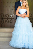 A Line Light Blue Spaghetti Straps Floral Prom Dresses, Ruffles Formal Dresses PFP2661