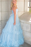 A Line Light Blue Spaghetti Straps Floral Prom Dresses, Ruffles Formal Dresses PFP2661