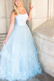 A Line Light Blue Spaghetti Straps Floral Prom Dresses, Ruffles Formal Dresses PFP2661