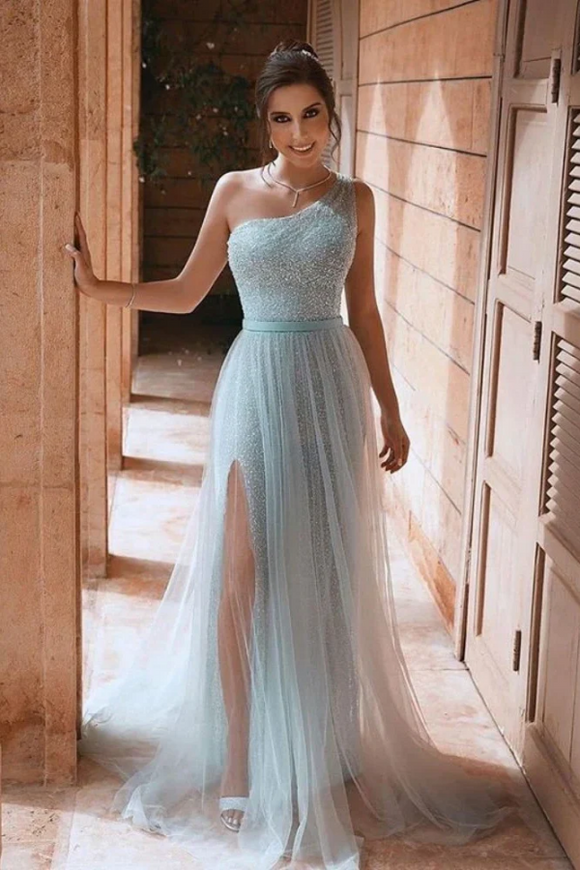 Sexy Sequins Tulle Sleeveless One Shoulder Prom Dresses With Side Slit Sparkly PFP2662