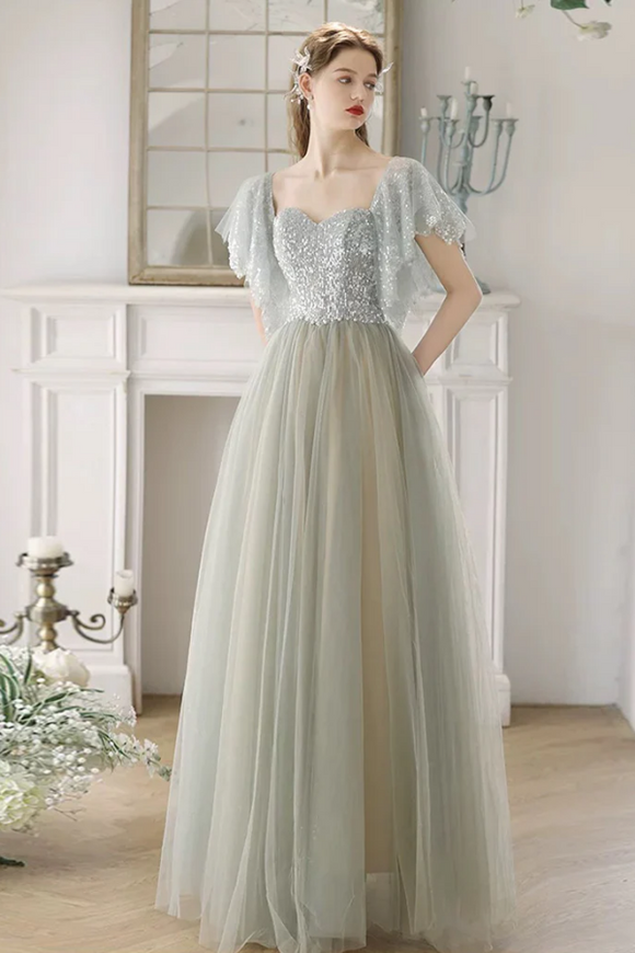 A Line Tulle Sequin Light Green Long Prom Dress, Light Green Long Formal Dress PFP2664