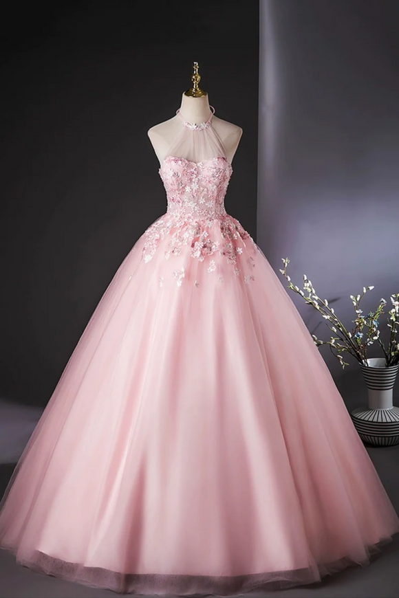 Pink Halter Tulle Flowers Long Prom Dress, Beautiful Backless Evening Party Dress PFP2665