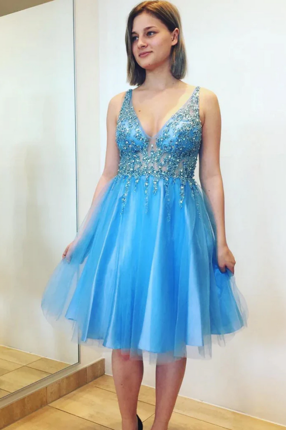 A Line V Neck Beaded Light Blue Prom Dresses, Tulle Homecoming Dresses PFH0519