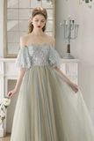 A Line Tulle Sequin Light Green Long Prom Dress, Light Green Long Formal Dress PFP2667