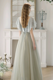 A Line Tulle Sequin Light Green Long Prom Dress, Light Green Long Formal Dress PFP2667