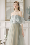 A Line Tulle Sequin Light Green Long Prom Dress, Light Green Long Formal Dress PFP2667