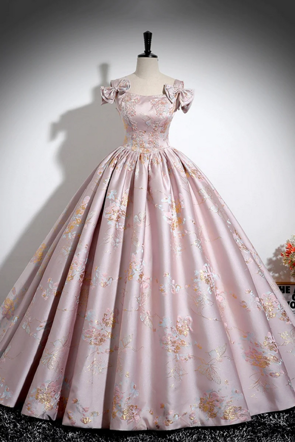 Pink Floral Satin Long Prom Dress, Beautiful A Line Evening Dress with Bow PFP2670