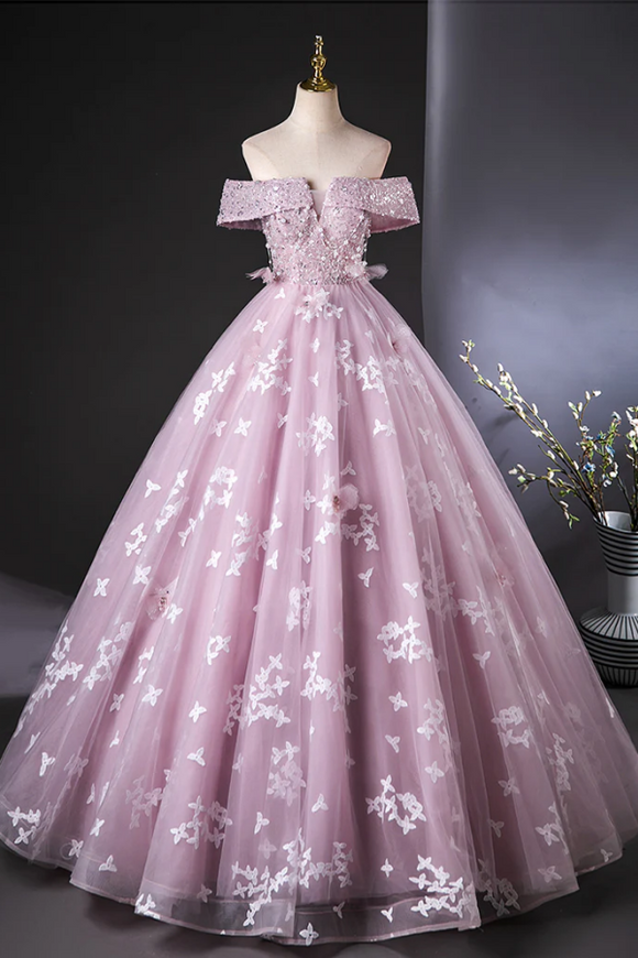 A Line Off Shoulder Tulle Lace Pink Long Prom Dress, Pink Long Formal DressPFP2672