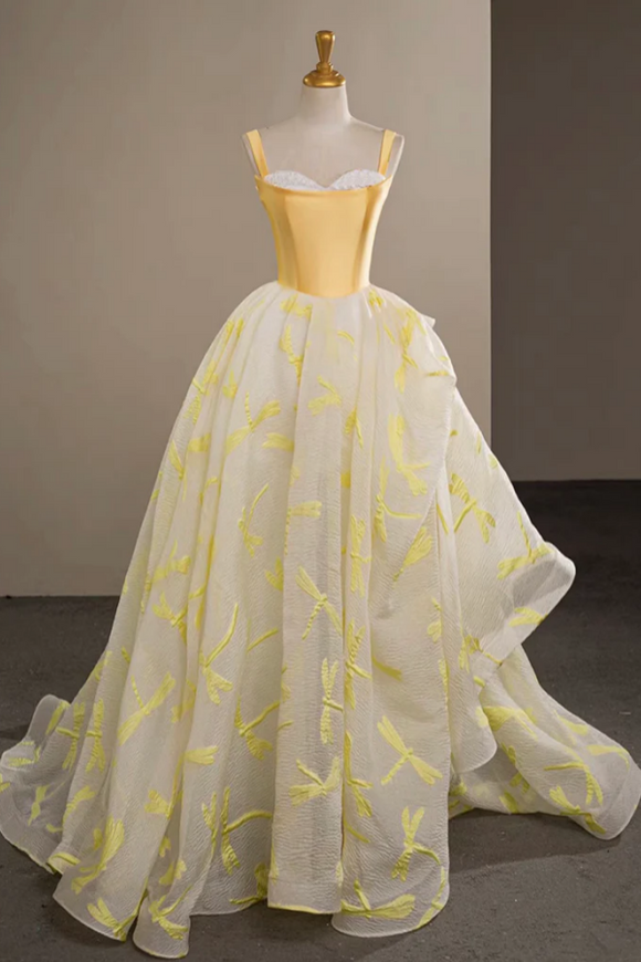 A Line Sweetheart Neck Tulle Lace Yellow Long Prom Dress PFP2674