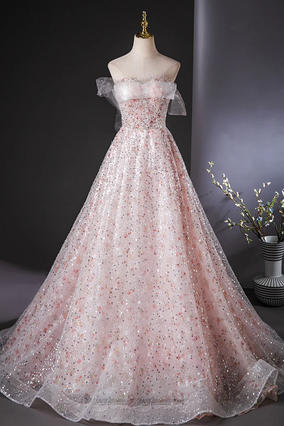 A Line Tulle Lace Sequin Pink Long Prom Dress, Pink Long Evening Dress PFP2675