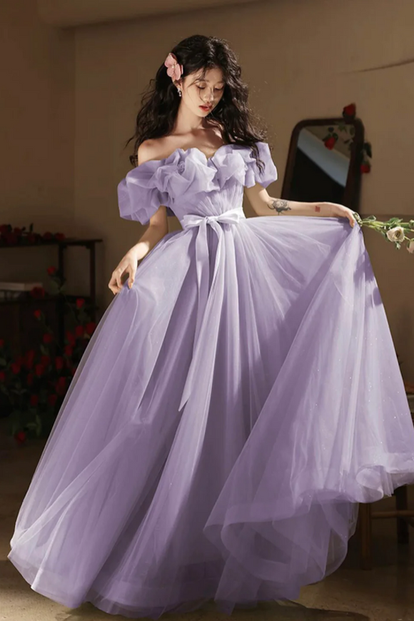 Lilac Tulle Long Prom Dress, Beautiful A Line Off the Shoulder Evening Party Dress PFP2676