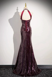 Burgundy Sequins Long Prom Dress, Mermaid Backless Evening Formal Dress PFP2678