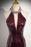 Burgundy Sequins Long Prom Dress, Mermaid Backless Evening Formal Dress PFP2678