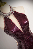 Burgundy Sequins Long Prom Dress, Mermaid Backless Evening Formal Dress PFP2678