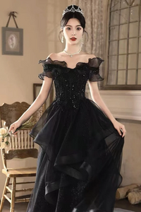 A Line Black Tulle and Lace Off Shoulder Party Dress, Black Long Formal Dress PFP2681