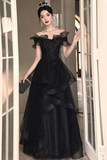 A Line Black Tulle and Lace Off Shoulder Party Dress, Black Long Formal Dress PFP2681