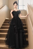 A Line Black Tulle and Lace Off Shoulder Party Dress, Black Long Formal Dress PFP2681