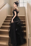 A Line Black Tulle and Lace Off Shoulder Party Dress, Black Long Formal Dress PFP2681