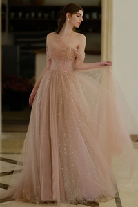 A Line Off Shoulder Tulle Champagne Long Prom Dress, Long Formal Dress PFP2682