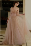 A Line Off Shoulder Tulle Champagne Long Prom Dress, Long Formal Dress PFP2682