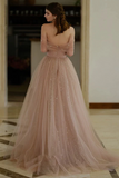 A Line Off Shoulder Tulle Champagne Long Prom Dress, Long Formal Dress PFP2682