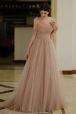 A Line Off Shoulder Tulle Champagne Long Prom Dress, Long Formal Dress PFP2682