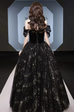 Black Off Shoulder Tulle Beaded Long Evening Dress, Black Prom Dress PFP2683