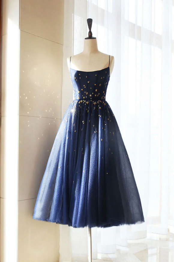 Blue tea length tulle prom dress, blue tulle bridesmaid dress PFH0520