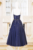 Blue tea length tulle prom dress, blue tulle bridesmaid dress PFH0520