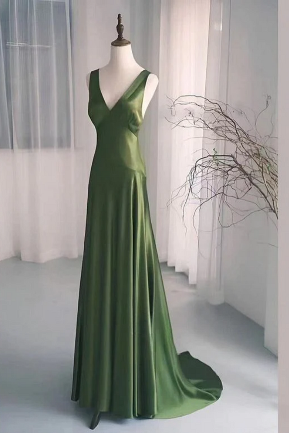 A Line Satin V Neck Prom Dress Green Evening Dress PFP2685